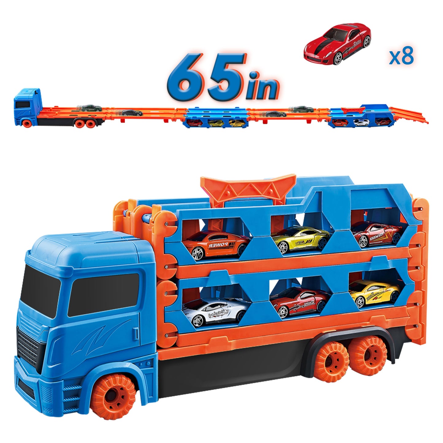 Car Transporter Truck Toy Set, Mega Hauler Carrier Trucks with 65 inch Ejection Race Track and 8PCS Metal Racing Cars for 3 4 5 6 7 8 Years Old Kids Boys Gift