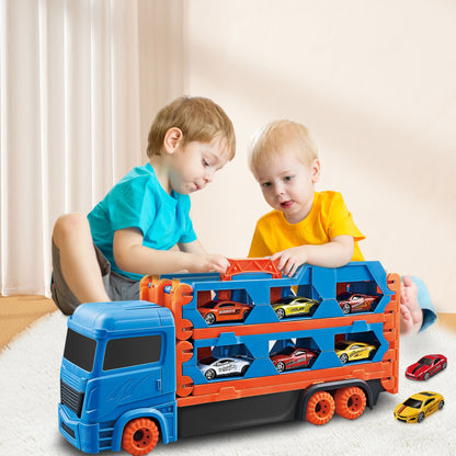 Car Transporter Truck Toy Set, Mega Hauler Carrier Trucks with 65 inch Ejection Race Track and 8PCS Metal Racing Cars for 3 4 5 6 7 8 Years Old Kids Boys Gift